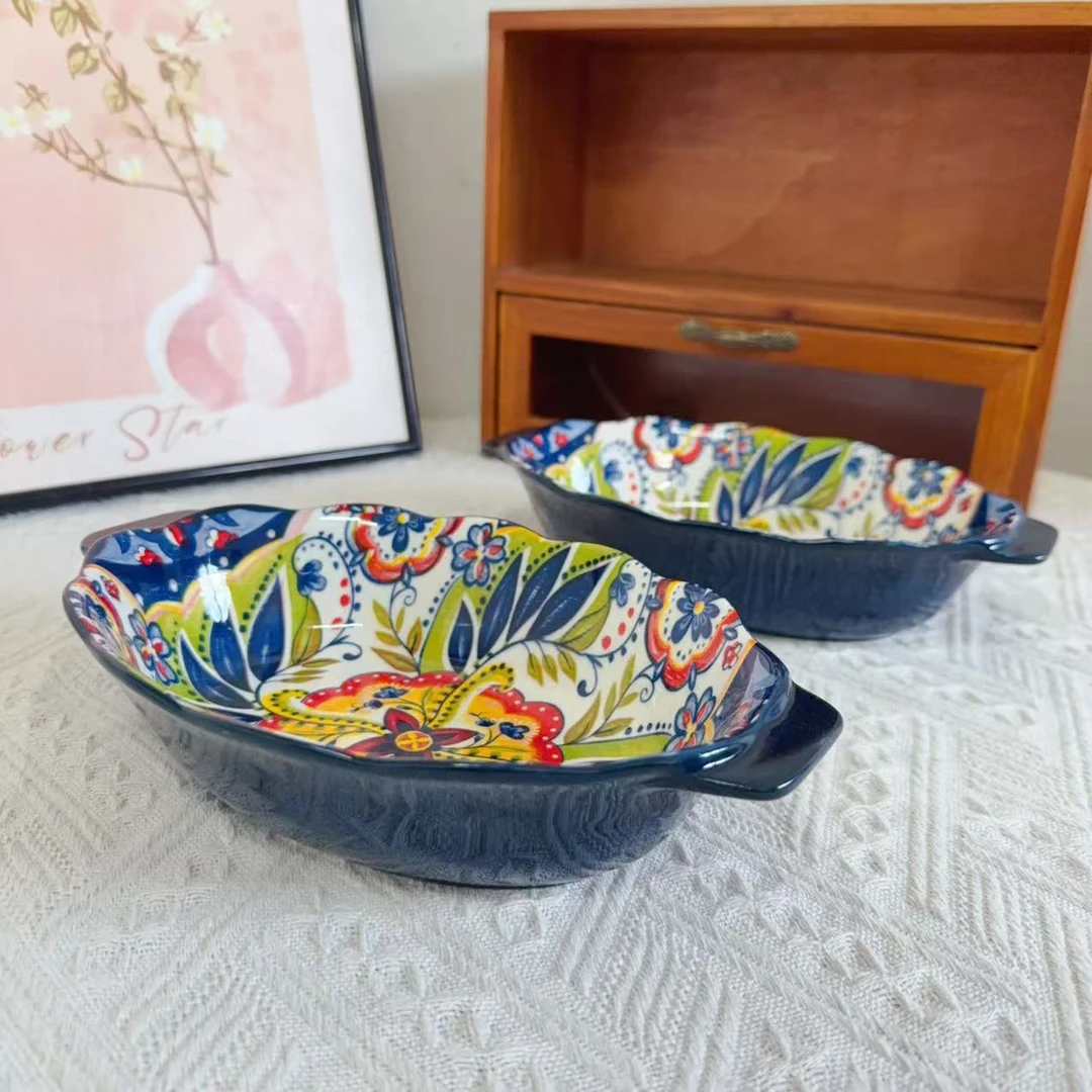 1076多瑙河系列高温釉下彩9.5英寸双耳花边烤碗长24高5两只装