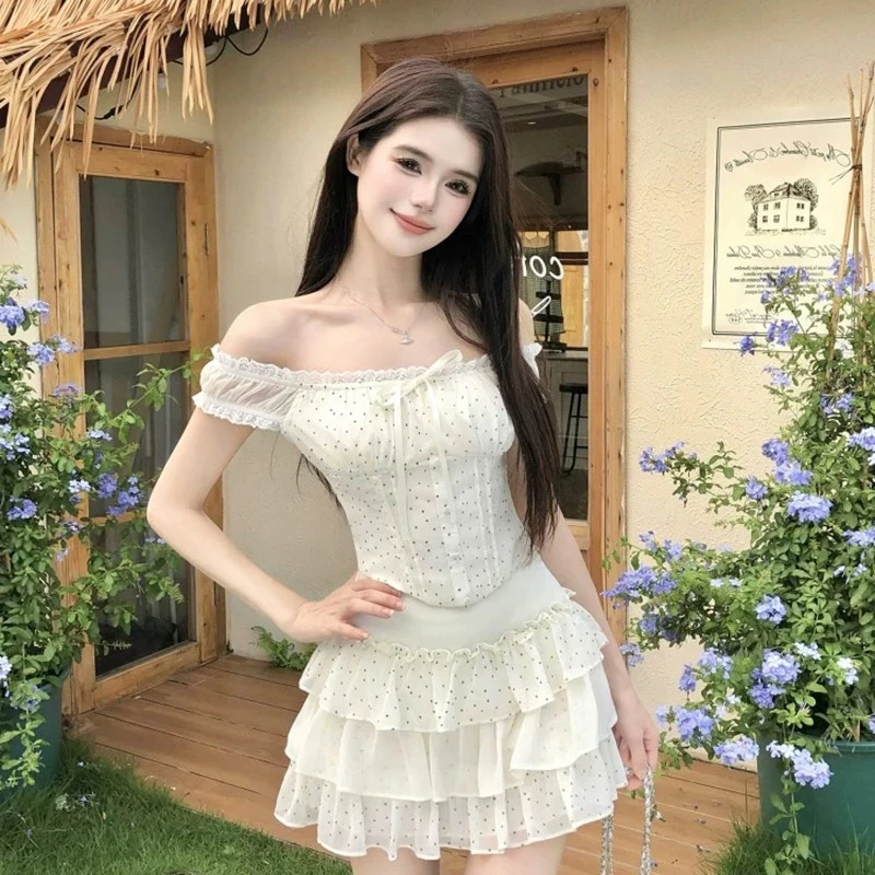 法式度假风设计感绑带波点露肩上衣收腰半身短裙子女两件套装夏季