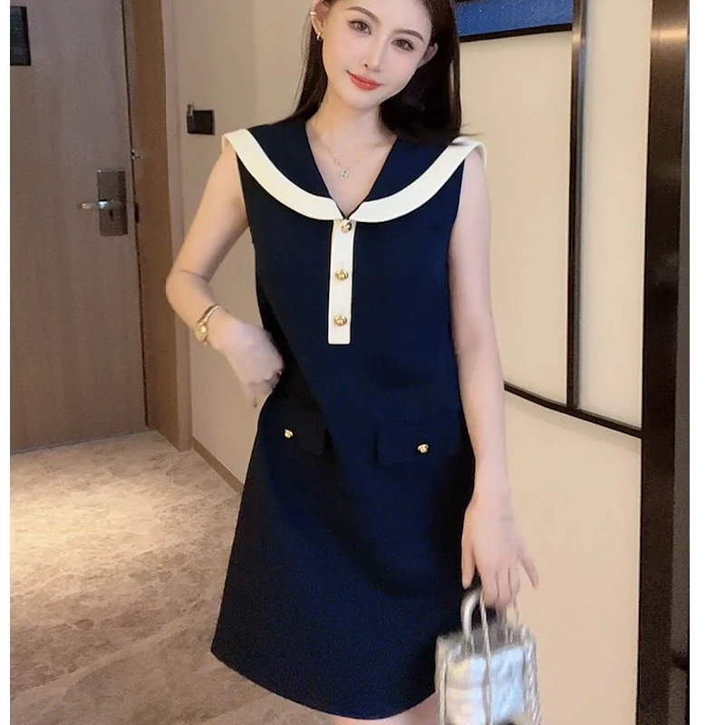 韩系海军领无袖小香风连衣裙2025夏季新款高级感女生ins衣服裙子