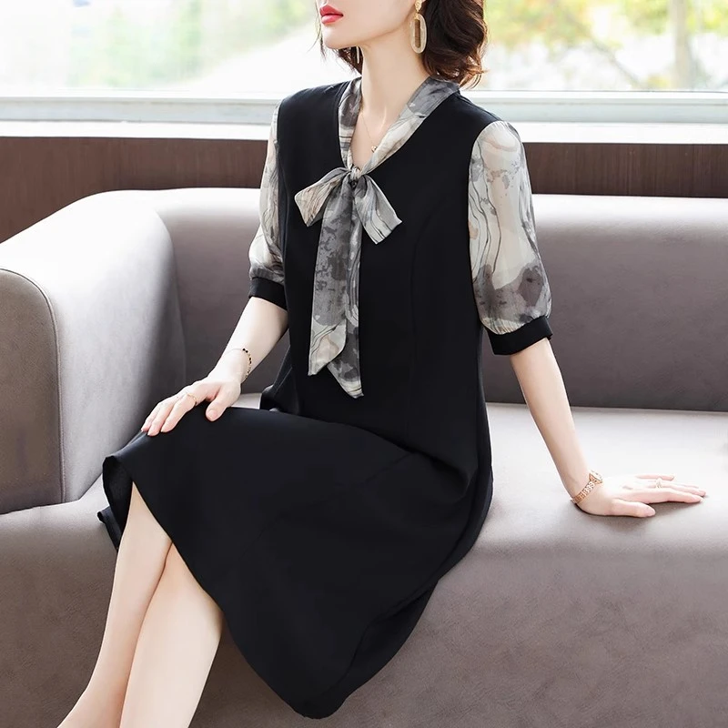 妈妈装夏季雪纺连衣裙短袖休闲洋气女减龄裙子气质显瘦宽松遮肚