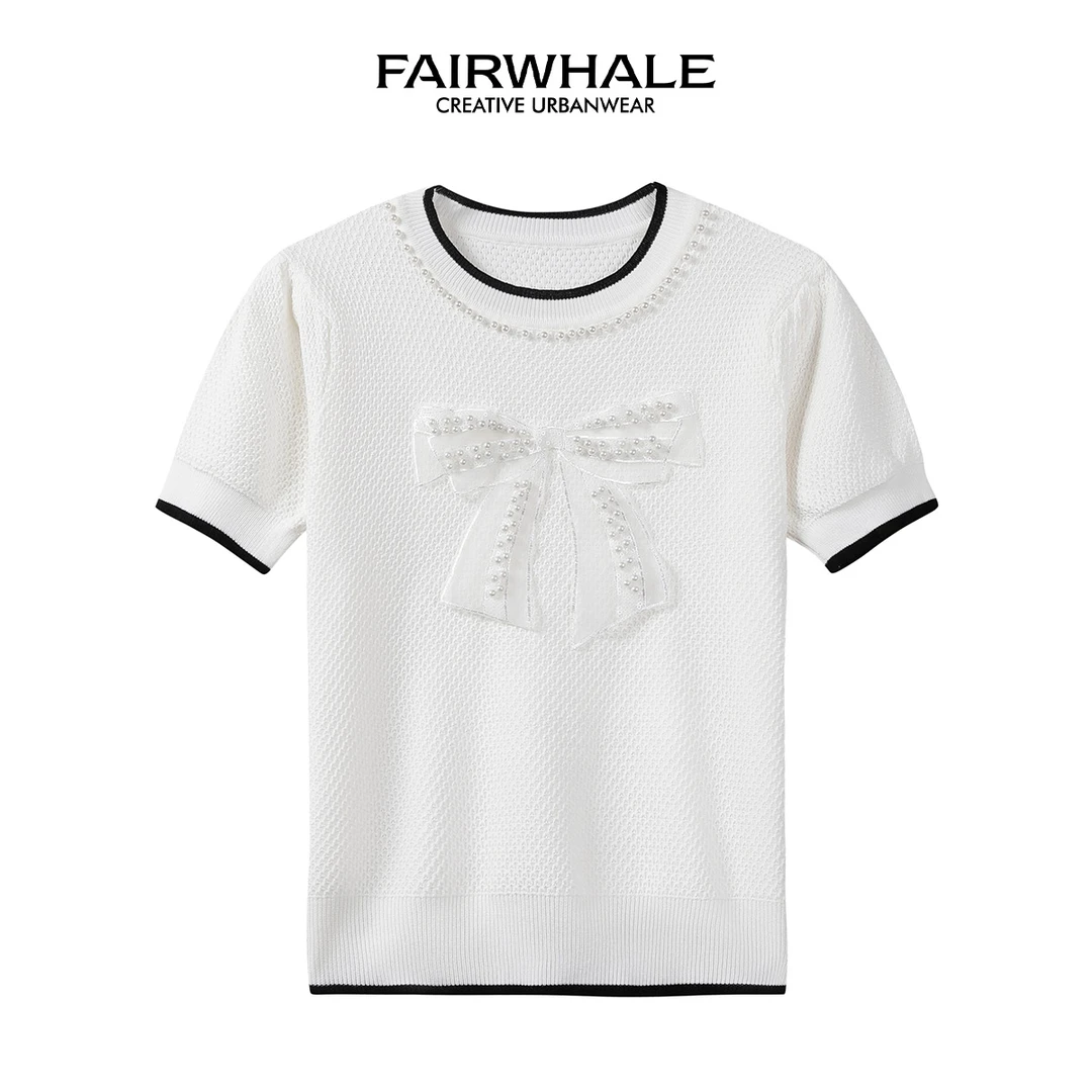 马克华菲精致贴布绣蝴蝶结时尚T恤小香风针织圆领上衣F32001A070