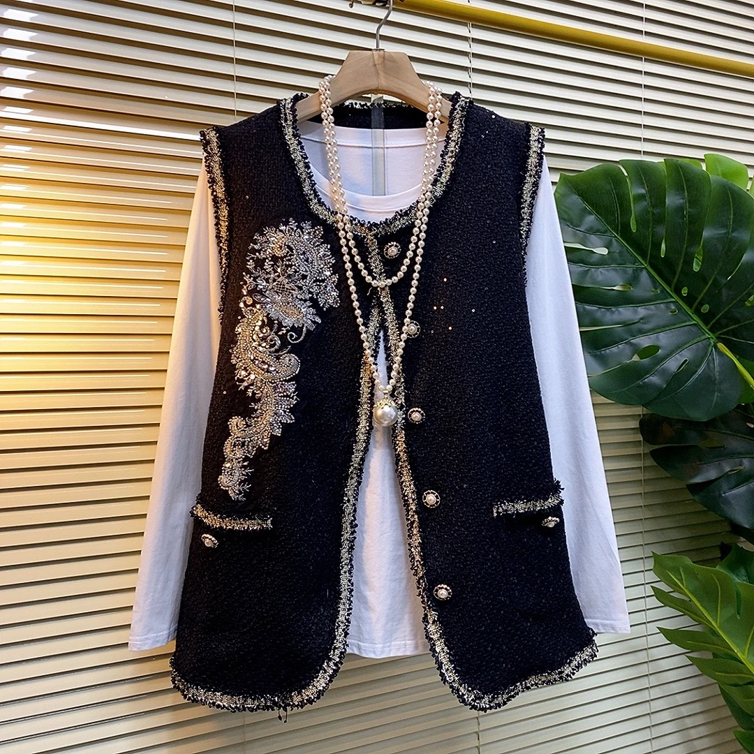 秋季新款大码女装时尚钉珠设计感香风条气质马甲