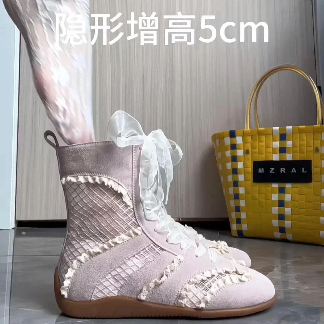 羊皮版~小个子内增高5cm高帮拳击鞋女2025新款夏季透气德训短靴女