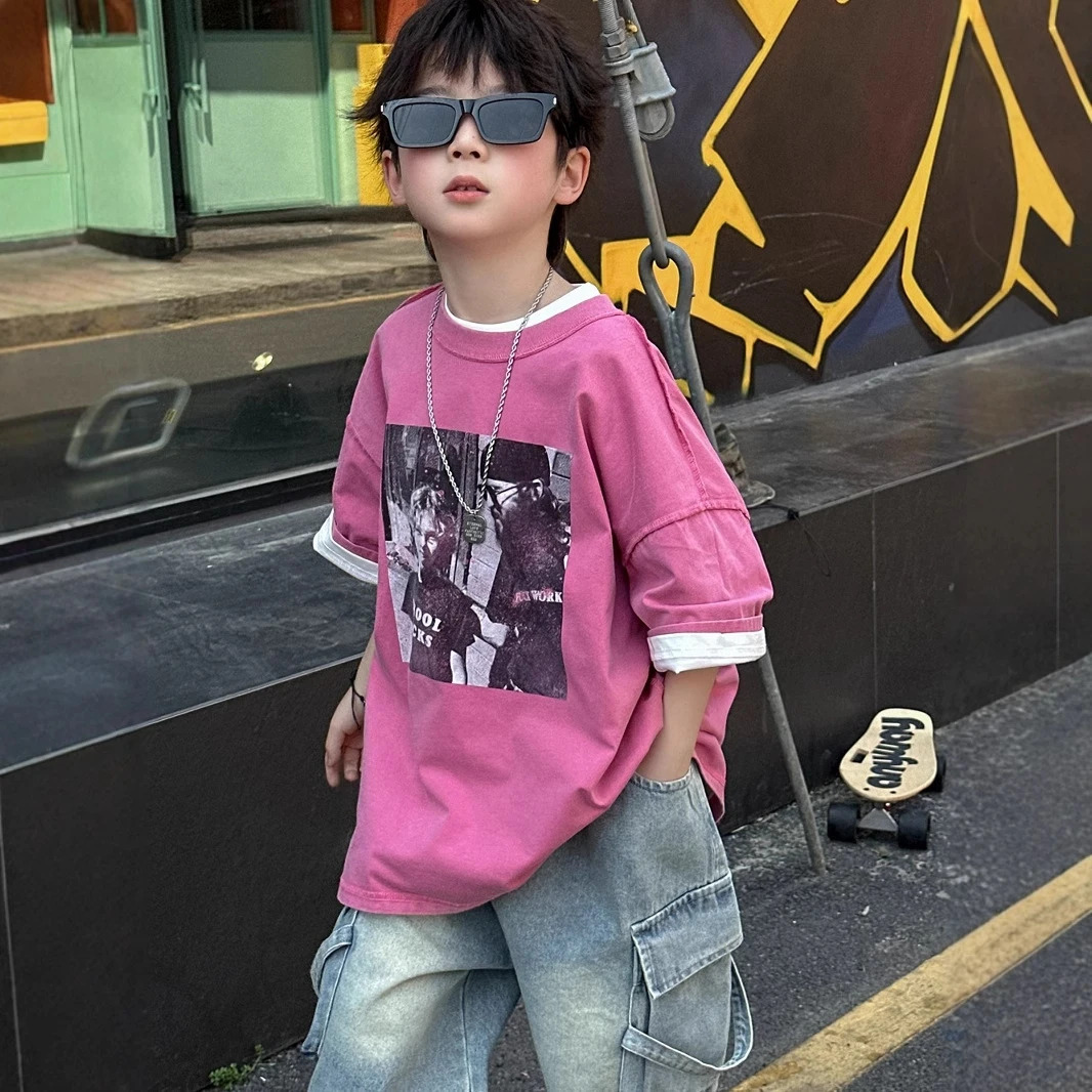 2025夏季新款美式复古炒洗做旧反做短袖T恤数码印花男童
