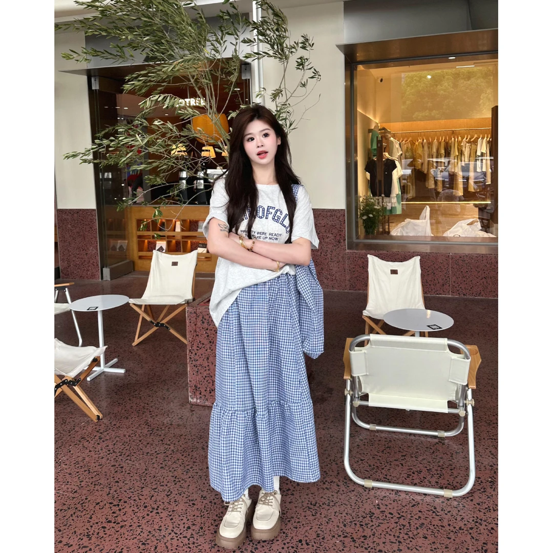 QC李潇洒【氧气套装】微胖夏宽松短袖T恤+清新蓝格伞裙+同色包包