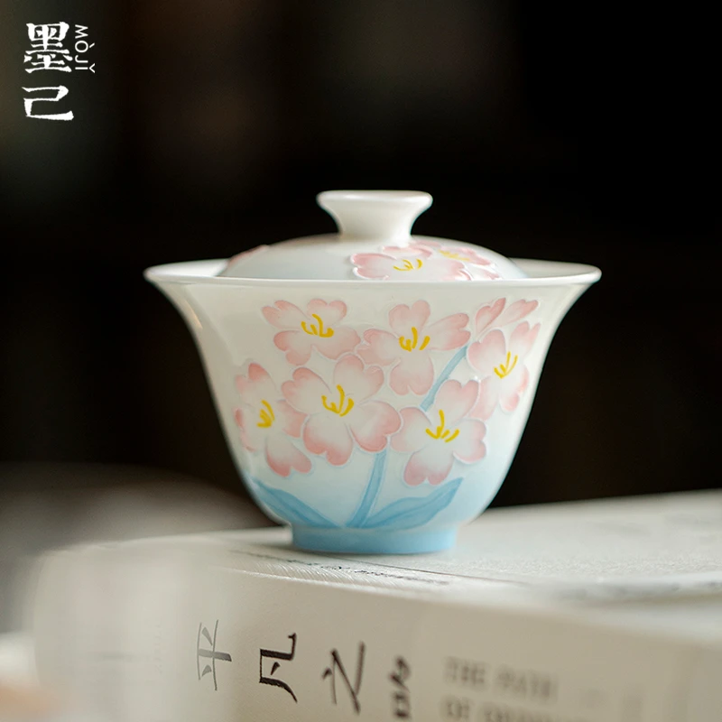 墨己玉泥出水芙蓉手绘薄胎陶瓷盖碗功夫茶具家用仿烫泡茶碗盖碗