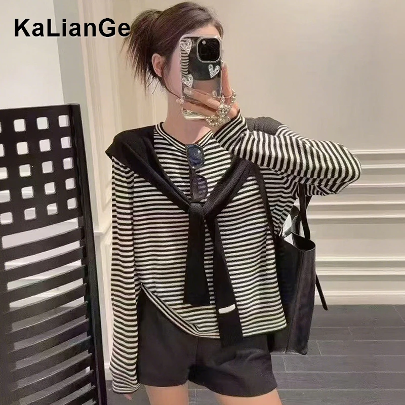 卡莲格/韩系撞色条纹披肩气质上衣女秋季胖mm显瘦内搭长袖针织衫