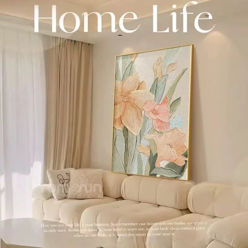 手工砂岩北欧客厅沙发背景墙肌理感花卉壁画奶油风入挂画80120