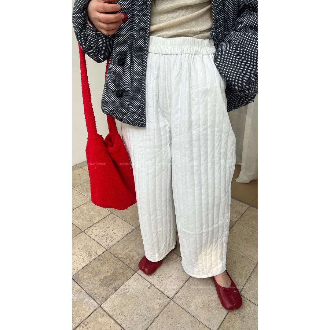 【避梨裤】HL秋冬宽松百搭慵懒休闲松紧腰韩系复古夹棉白色萝卜裤