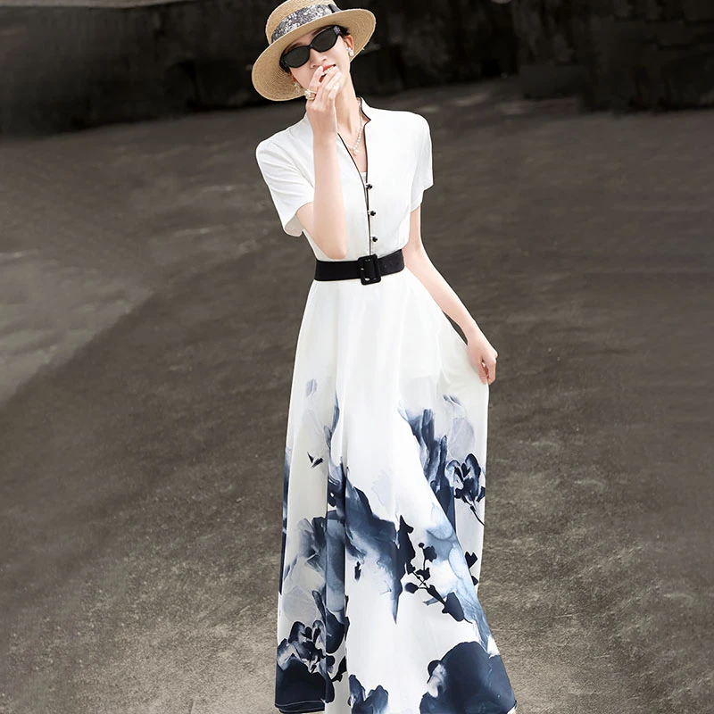 兰瑟儿夏季裙子新款气质水墨画印花长裙收腰大摆连衣裙105XL2565