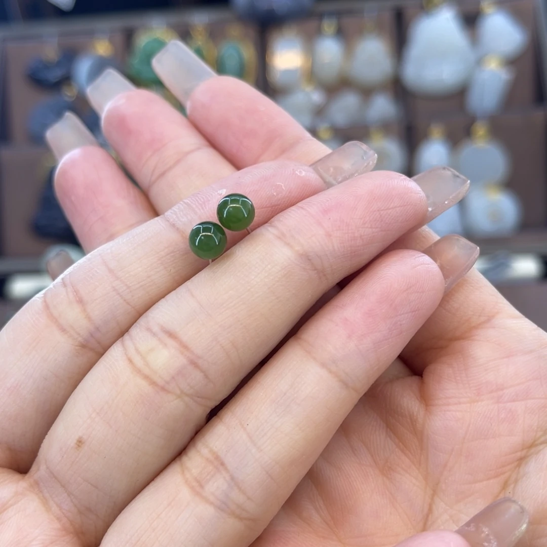 和田玉耳钉银S925镶嵌