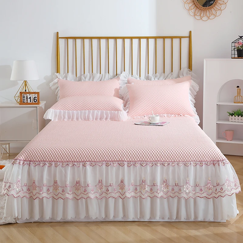 富安娜家纺适用凉感冰豆豆绣花雪纺双层花边凉席床上用品三件套