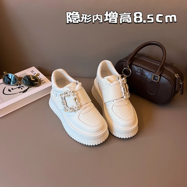 「方扣水钻8.5cm」小个子厚底内增高8.5cm秋冬新款板鞋小白鞋