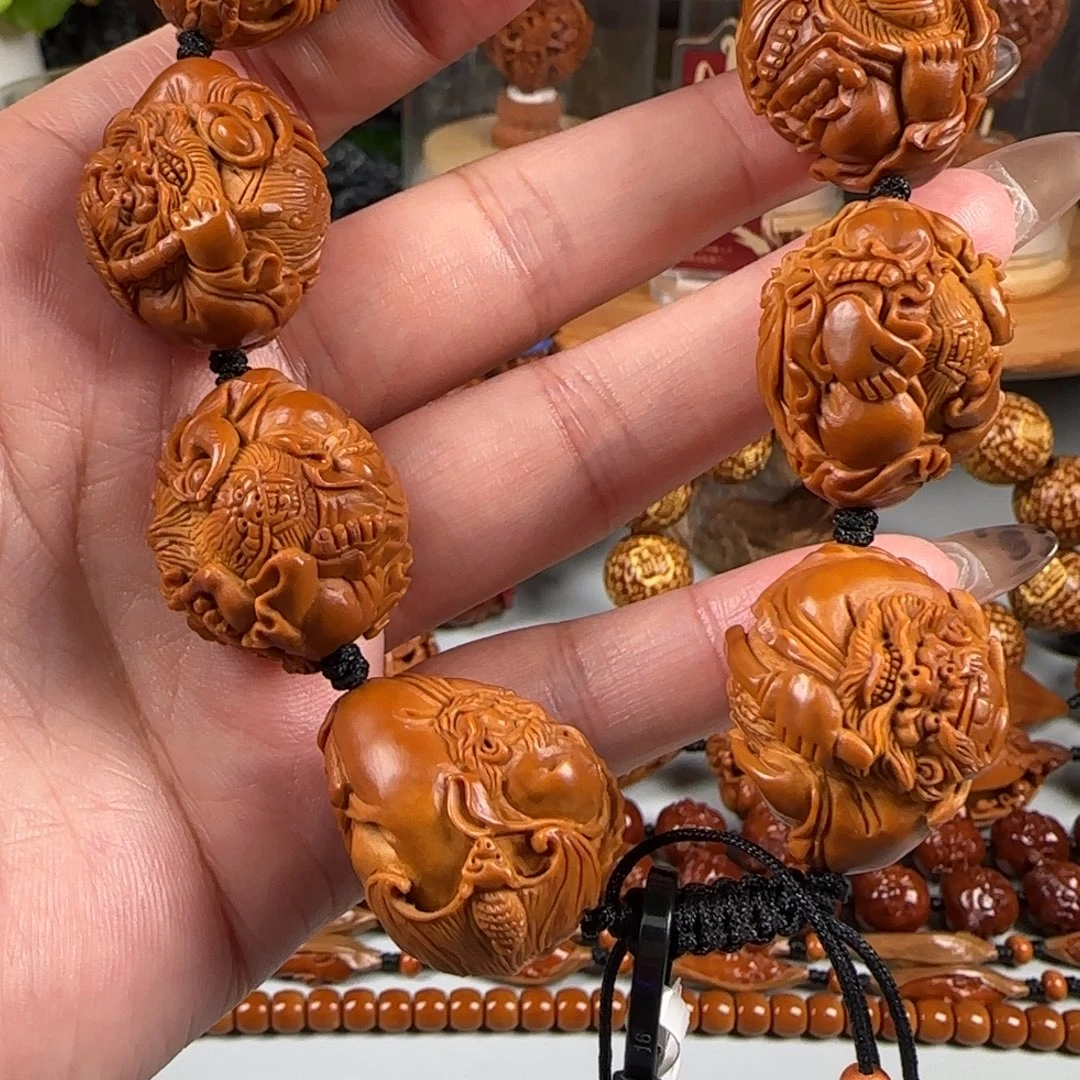 橄榄核手串/手链宽2.4梅林红核横版钟馗纳福