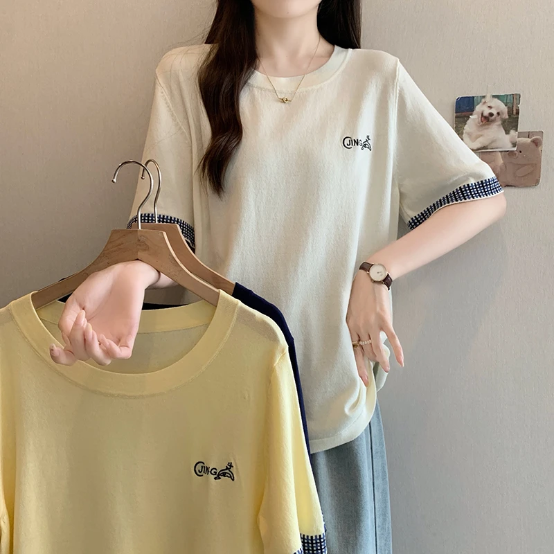 3966大码女装2025夏季新款设计感拼接短袖气质百搭圆领针织衫上衣