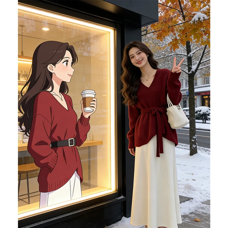 过年新年红色新中式v领针织衫女冬季软糯不规则绑带收腰毛衣套装