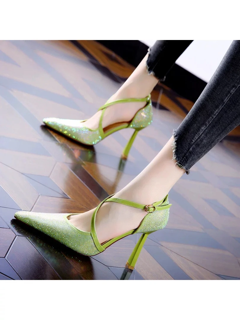 春夏新款气质名媛风显白水钻细跟单鞋时尚交叉扣带尖头高跟鞋