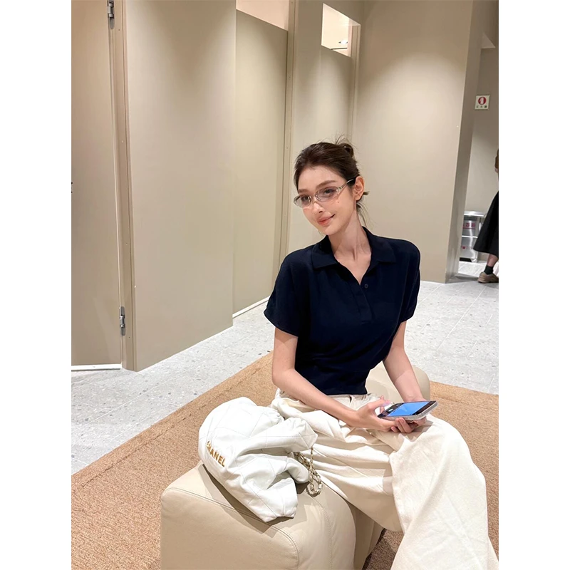 2025新款女士夏季高级感polo衫翻领短袖T恤上衣高腰宽松阔腿裤