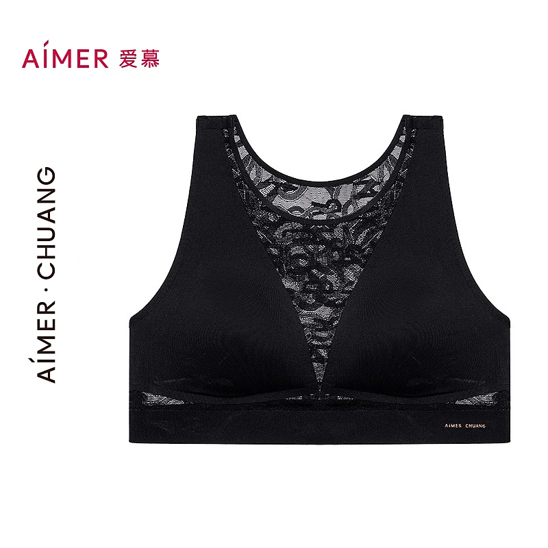 AIMER/爱慕叠影无痕薄款裸感防震美背聚拢女士文胸舒适蕾丝背心式