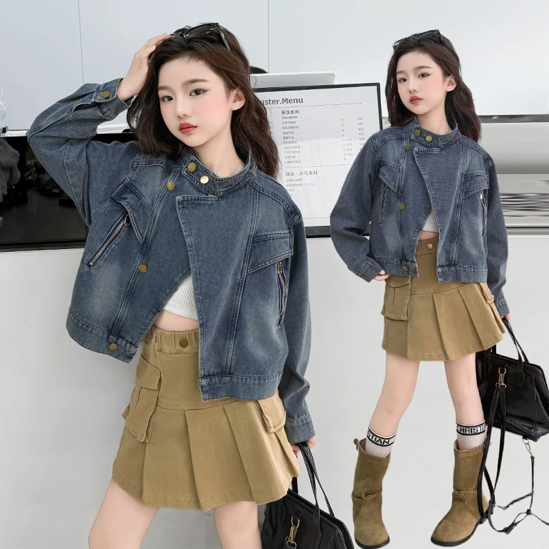 女童牛仔外套春装2025新款洋气春秋装女大童蝙蝠衫潮酷机车服上衣