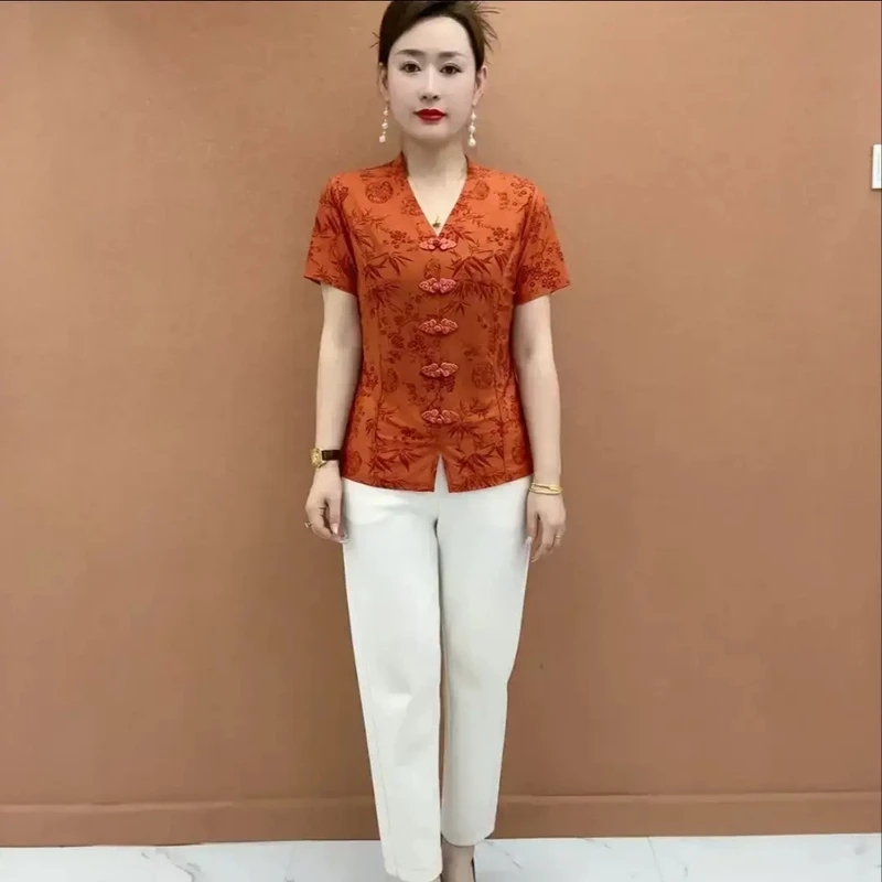 复古盘扣设计感小衫夏季新款时尚中年妈妈装百搭遮肉薄款短袖上衣