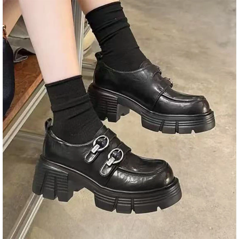 厚底增高乐福鞋女春季简约舒适百搭爆款一字扣英伦单鞋复古英伦风