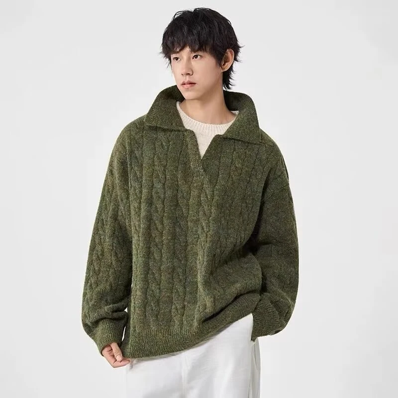 复古绞花假两件拼接POLO领毛衣男女款秋季潮牌情侣休闲针织衫流行