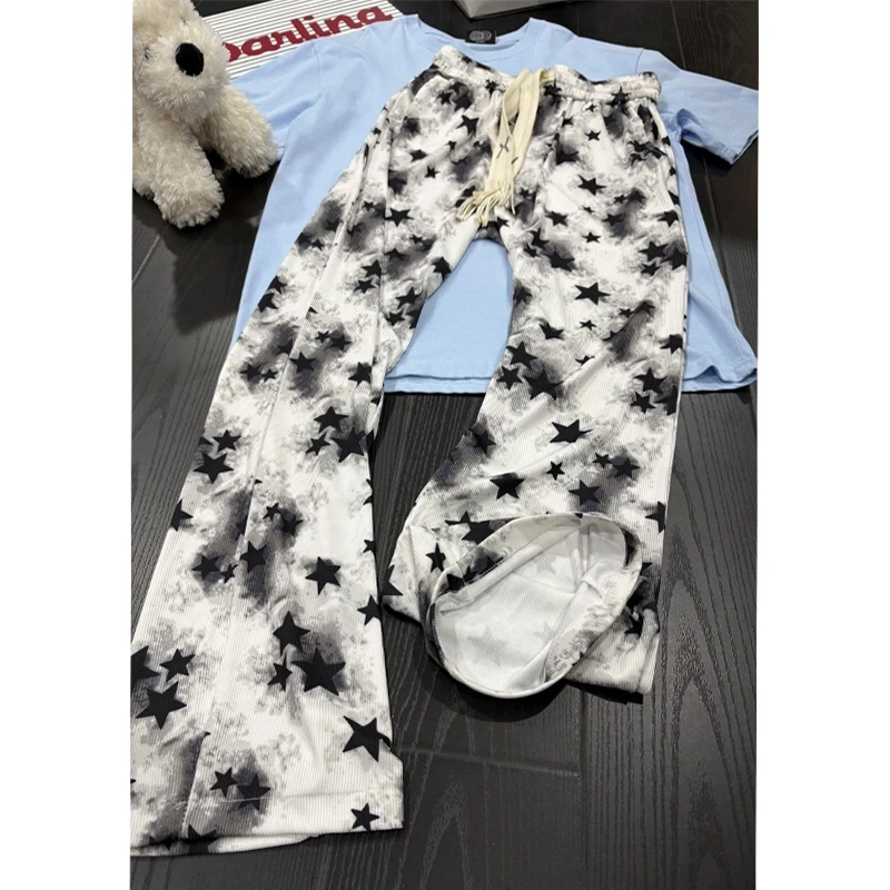 新中式水墨扎染裤子男夏季薄款垂感五角星印花冰丝裤宽松直筒长裤