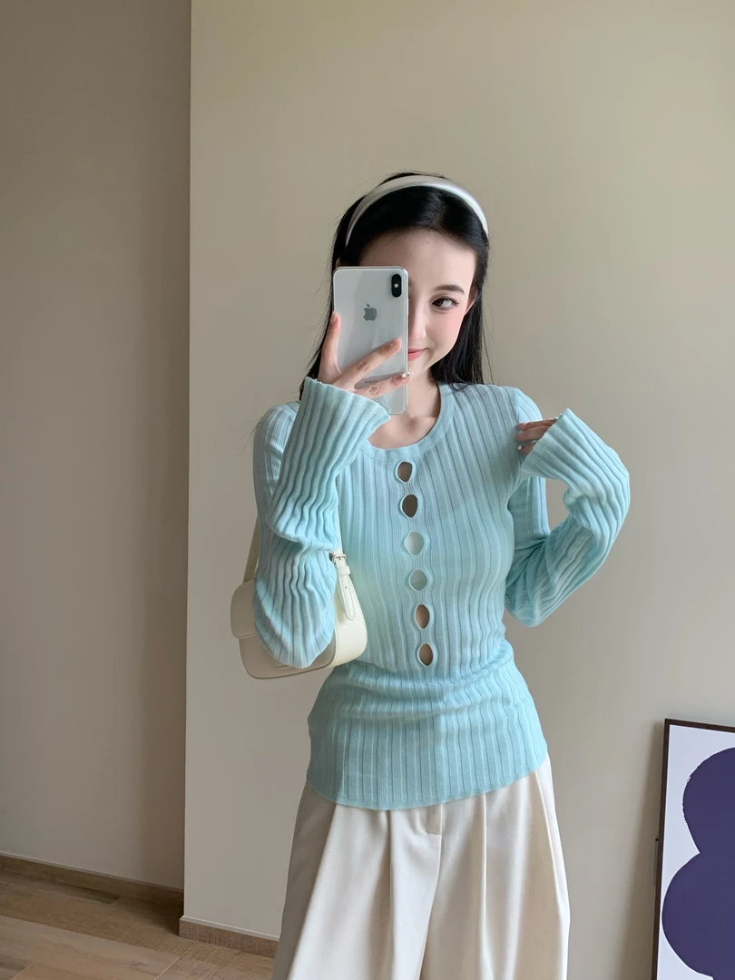 fiveweeks 镂空设计上衣黑色辣妹针织衫修身显瘦内搭打底衫