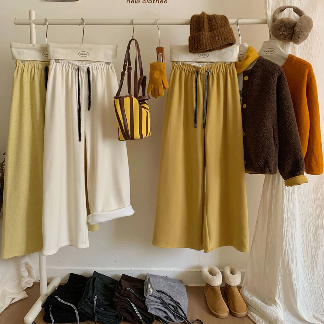 糯米神裤~慵懒高腰抽绳黄色加绒阔腿裤女秋冬加厚温暖直筒休闲裤