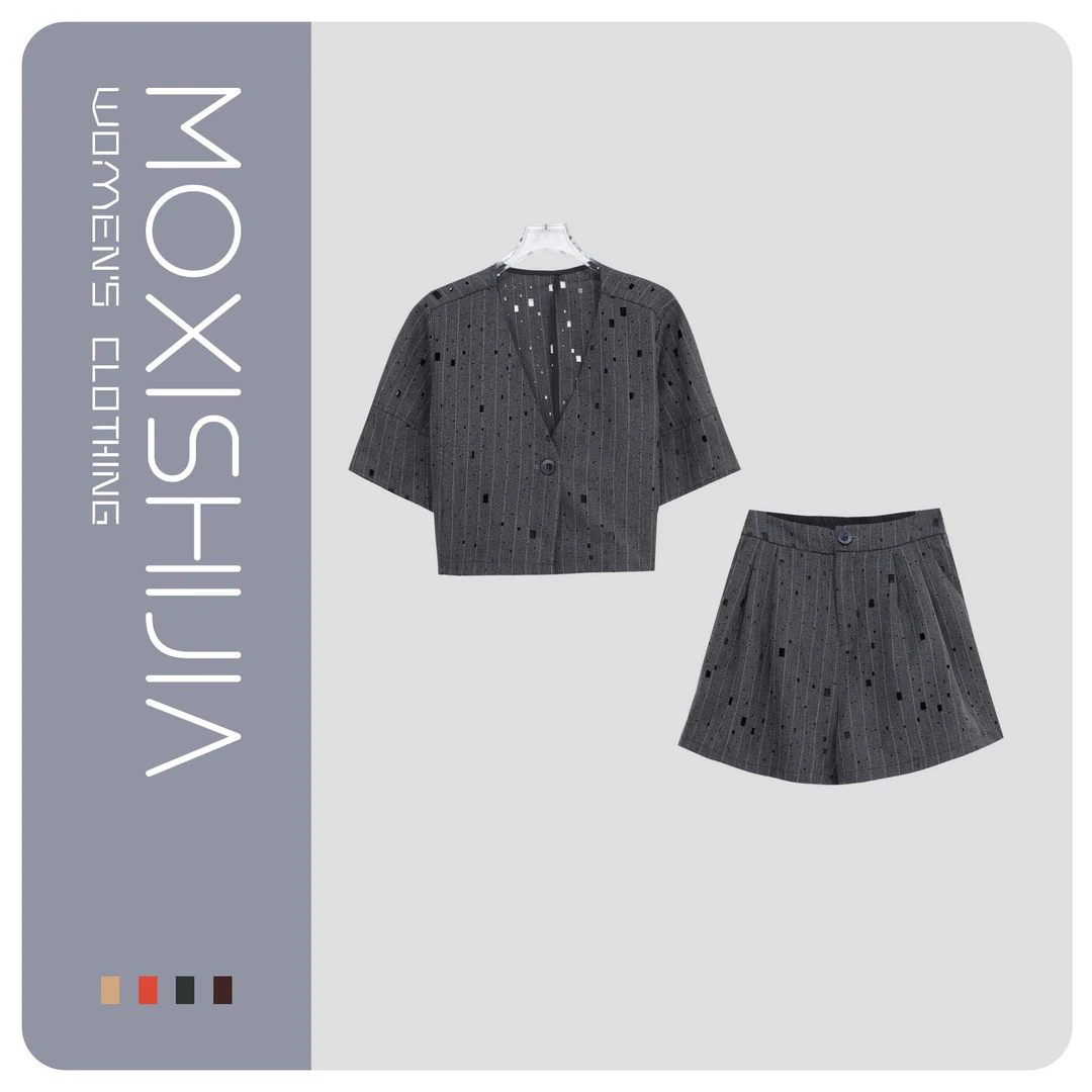 时尚烫钻镂空西装上衣休闲阔腿短裤套装x26873