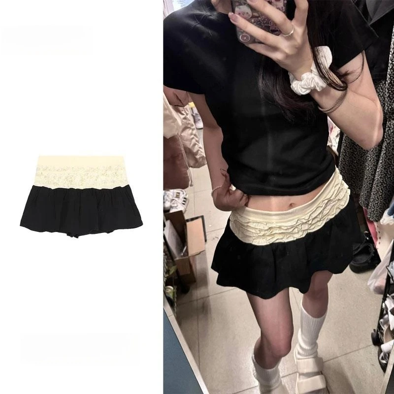 大码黑色拼接半身裙女2025夏季新款高腰a字裙小个子百褶蓬蓬短裙