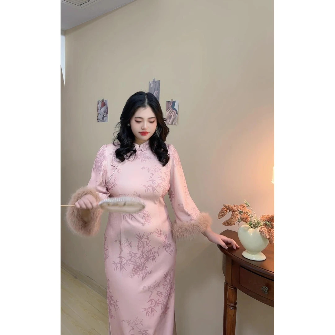 加绒版【自制款】新中式竹叶毛毛袖旗袍大码胖mm显瘦连衣裙冬季
