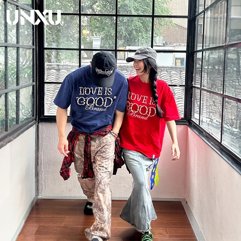 UNXU280g重磅双纱纯棉短袖T恤女珍珠字母夏季圆领宽松情侣上衣