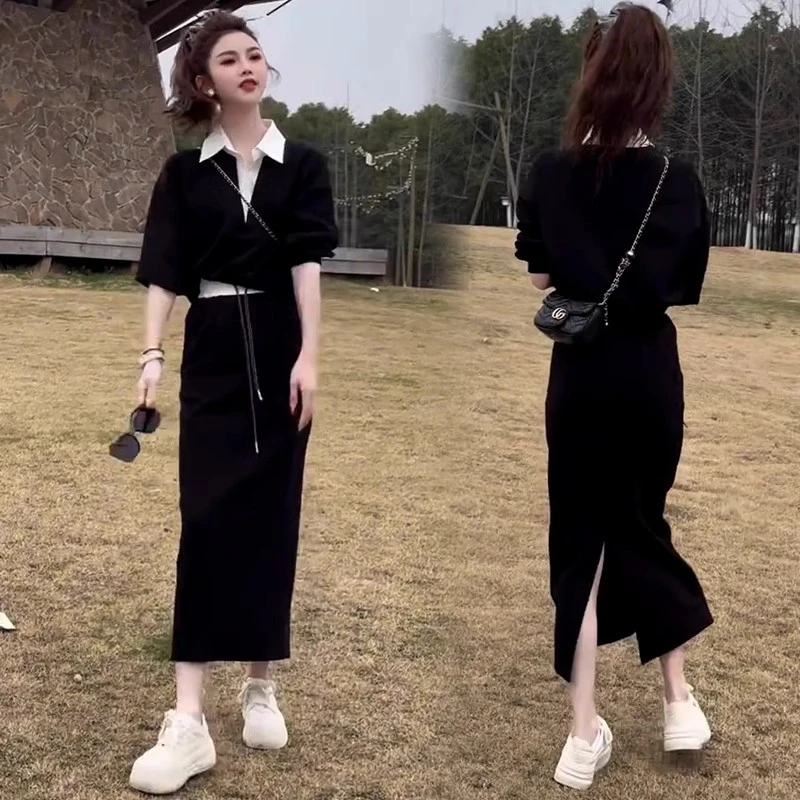 时尚休闲套装女2025春季新款洋气显瘦假两件拼色卫衣半身裙两件套