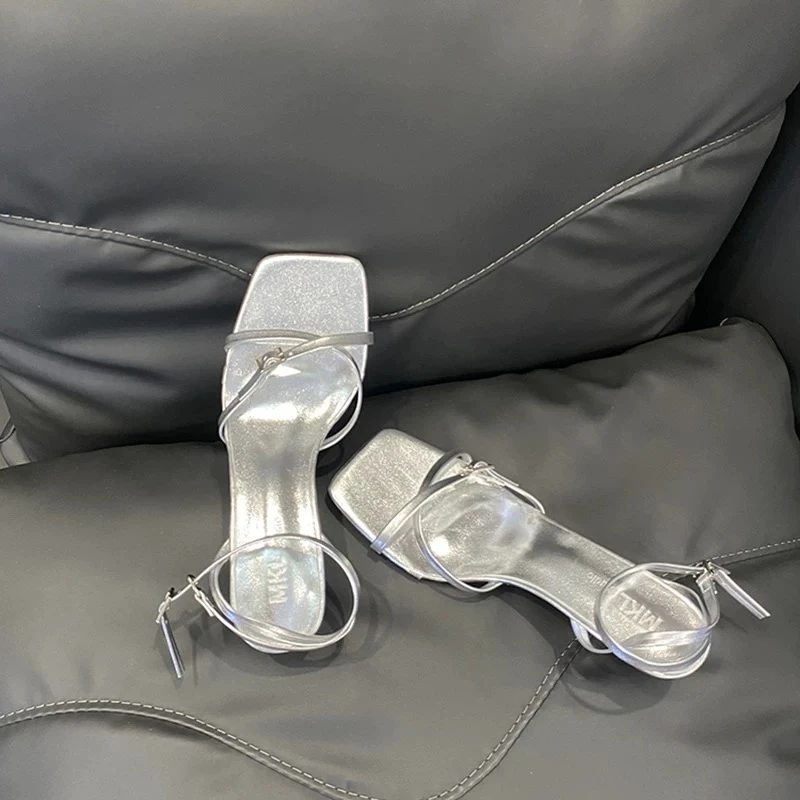 DS 法式绝美银色交叉细带露趾细跟凉鞋-1282