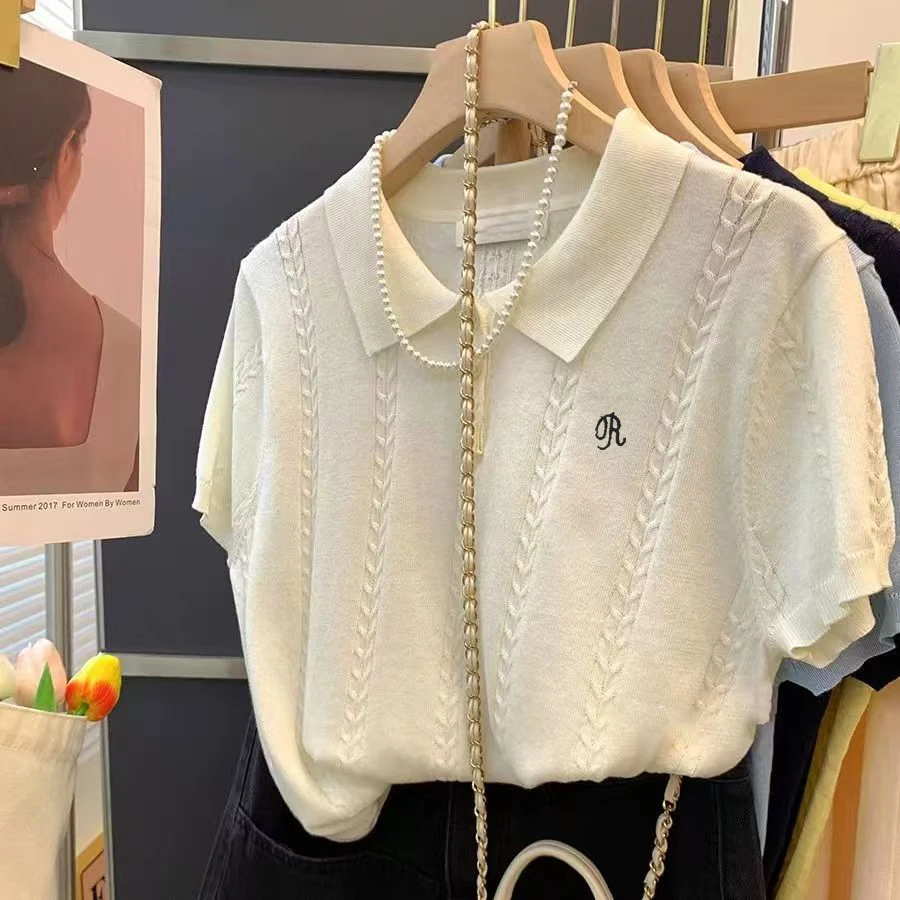夏季蝴蝶结薄款冰丝短袖针织衫女2025新款韩系翻领polo衫别致上衣