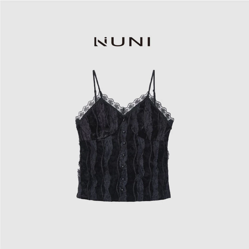 LINUNI“向内求”可调节蕾丝拼接遮副乳原创定制款黑色吊带内搭