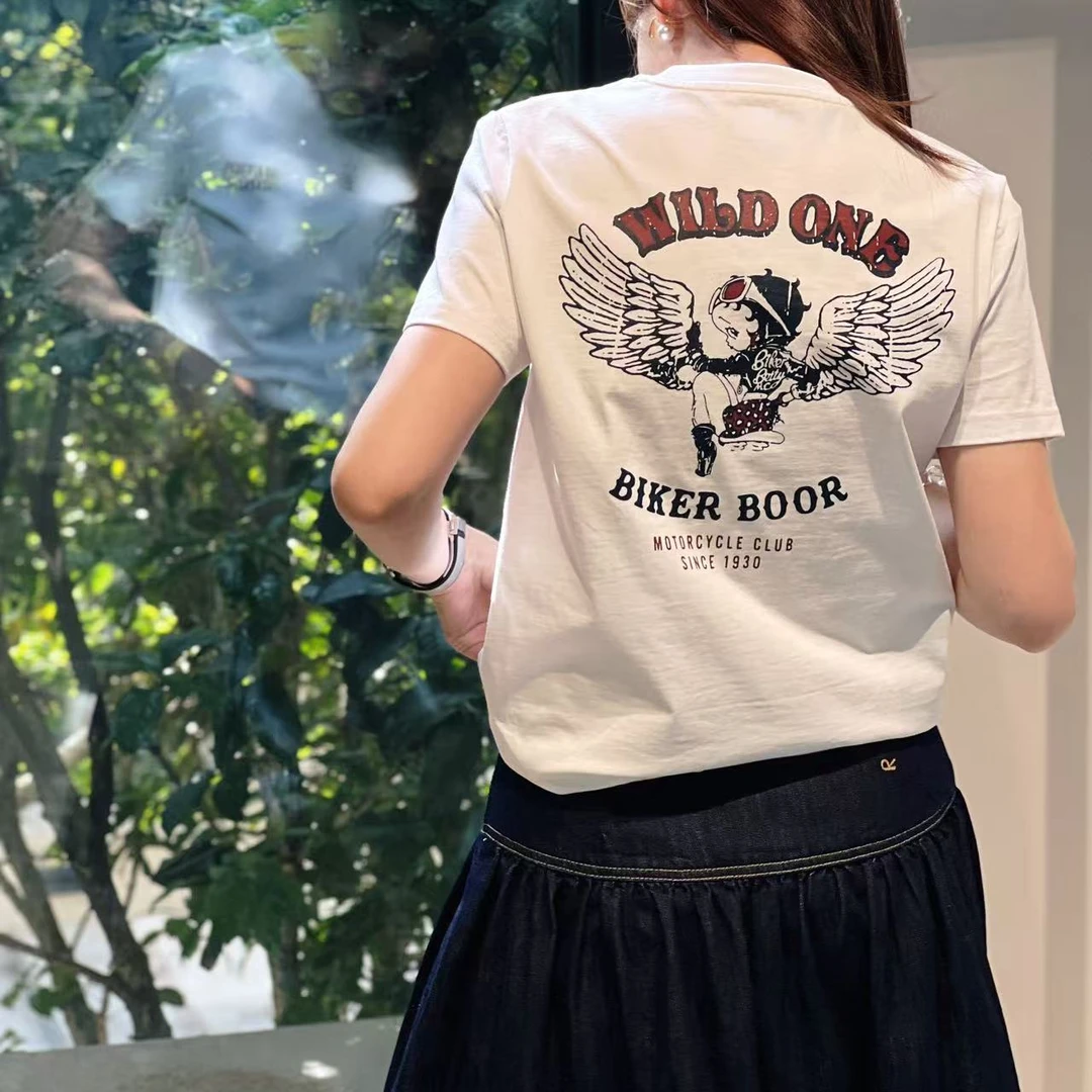 后背翅膀字母印花圆领T恤