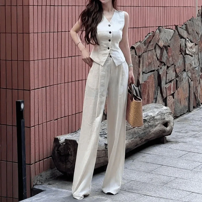 简约通勤老钱风女年春夏季时尚轻薄麻感小马甲西裤套装两件套