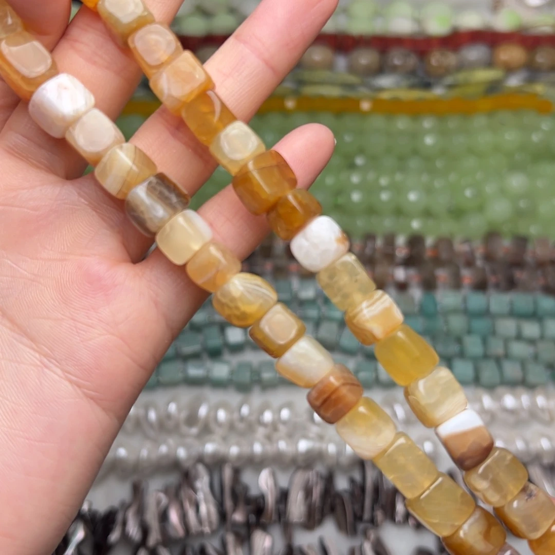 玛瑙/玉髓合金珠宝半成品N755。9mm天然龙鳞纹玛瑙直切桶珠一条