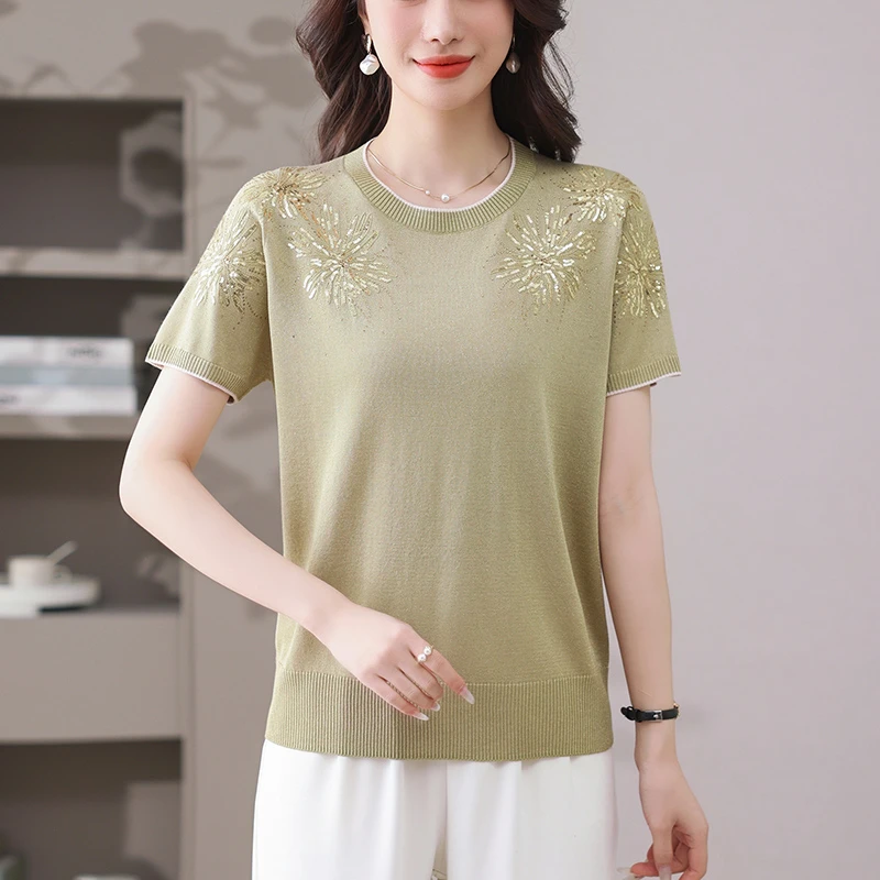 短袖针织衫女夏季百搭洋气妈妈t恤宽松2025新款夏季提花冰丝上衣