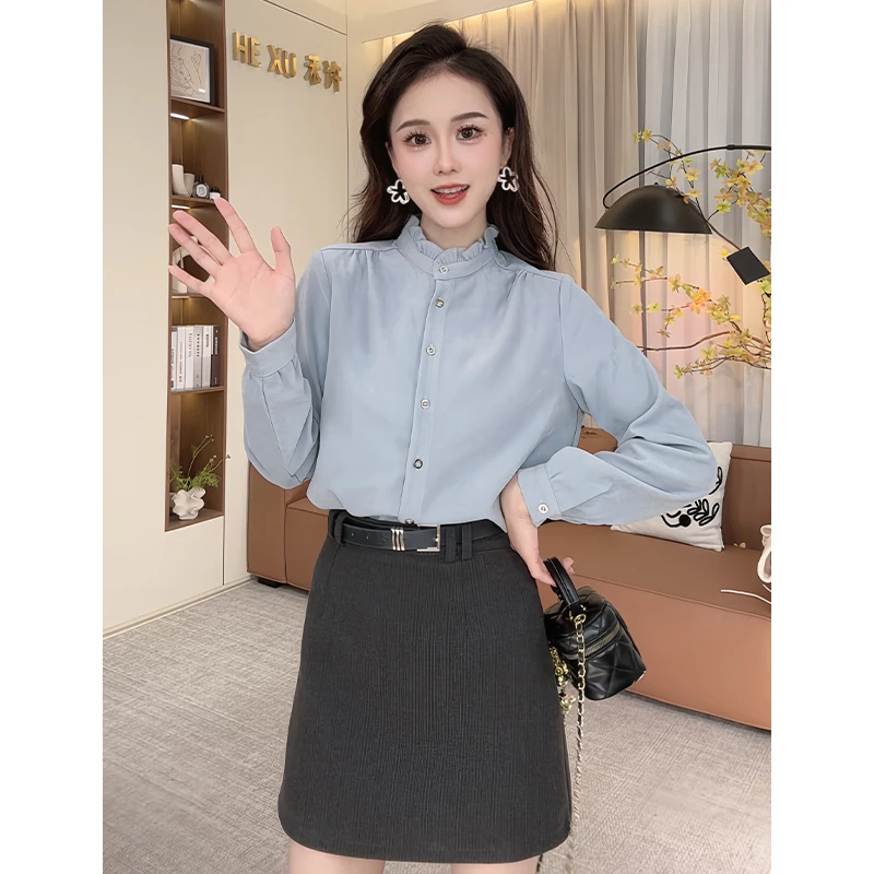 法式经典别致立领百搭衬衫女2024秋冬季新款小众长袖