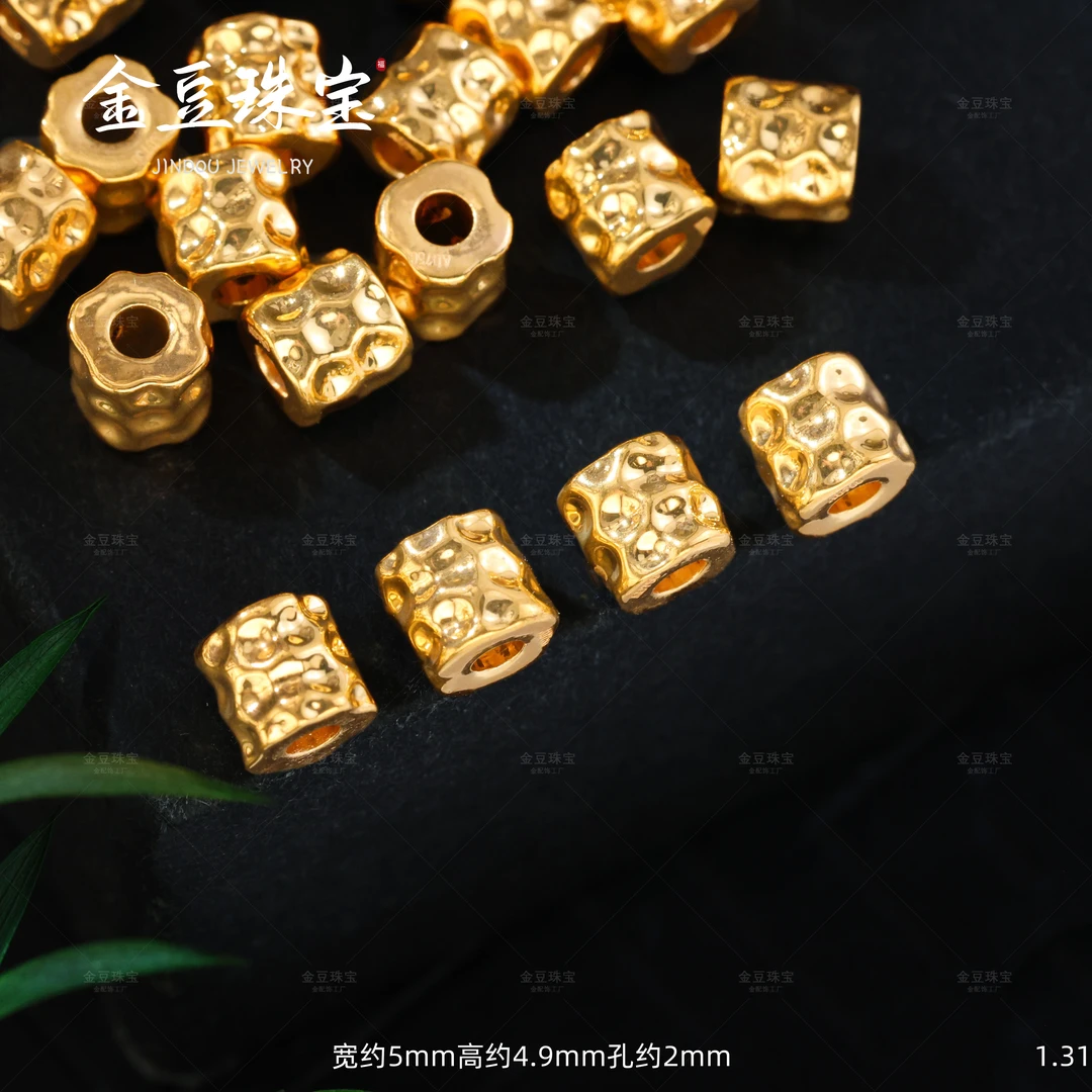 【金豆】18K金陨石纹圆柱隔珠桶珠金管大孔管珠（厚5D金）F