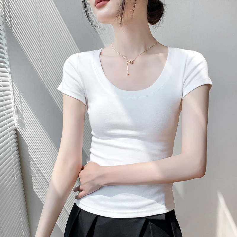 圆领短袖女t恤夏季新款收腰显瘦正肩纯色修身小众女生韩系ins衣服