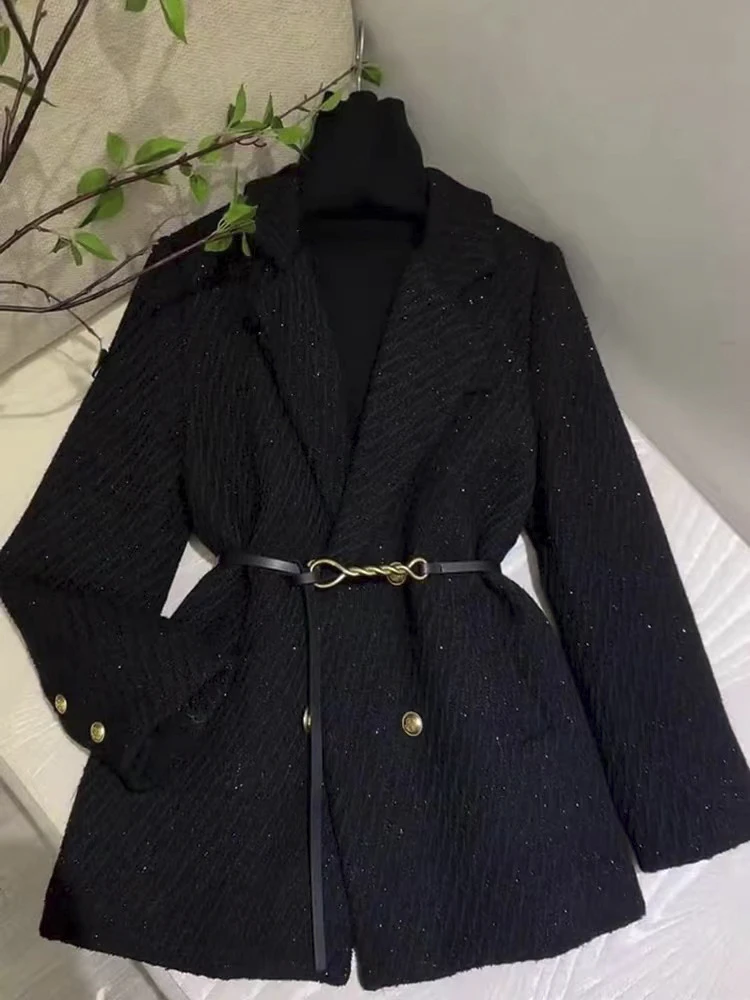 【V娜专属】秋冬高级感西装外套小香风黑色上衣女中长款-88024