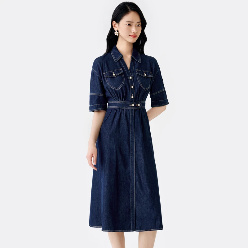 【618专享价】丹宁牛仔BuouBuou商场款洗水牛仔赫本风连衣裙BKBG801