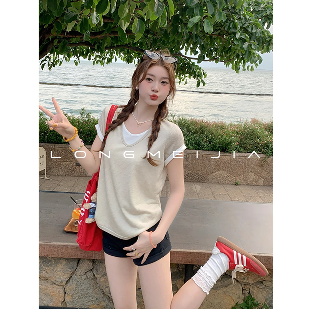 V领假两件短袖T恤女2025夏日新款薄款正肩宽松独特小上衣