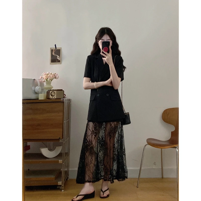 C402+C403轻奢套装裙女夏季新款短袖西装轻薄透气蕾丝拼接半身裙