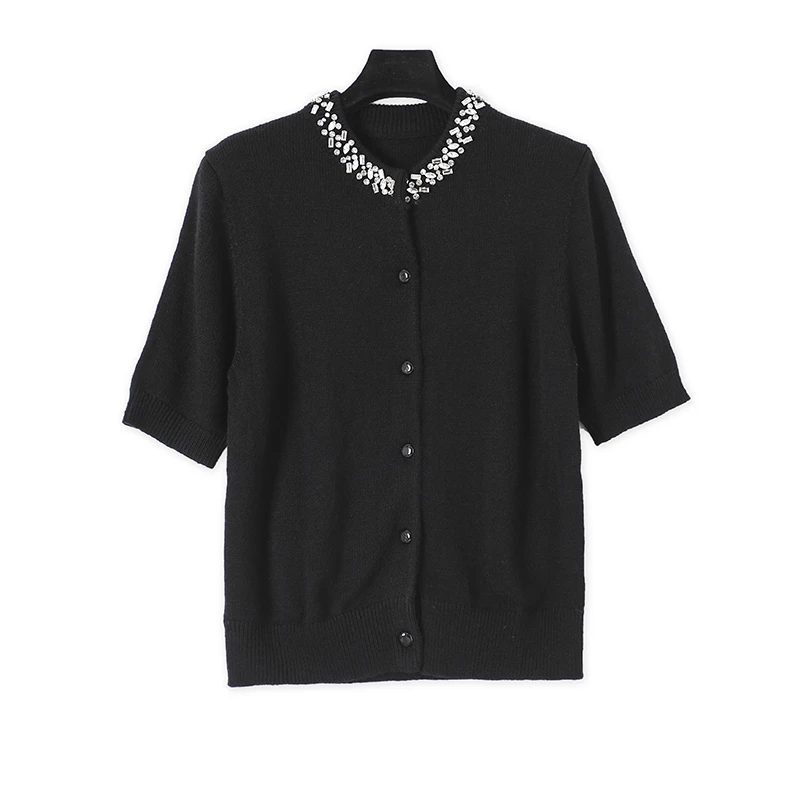 薄款针织高腰小开衫镶钻短袖针织开衫毛衣针织衫15126